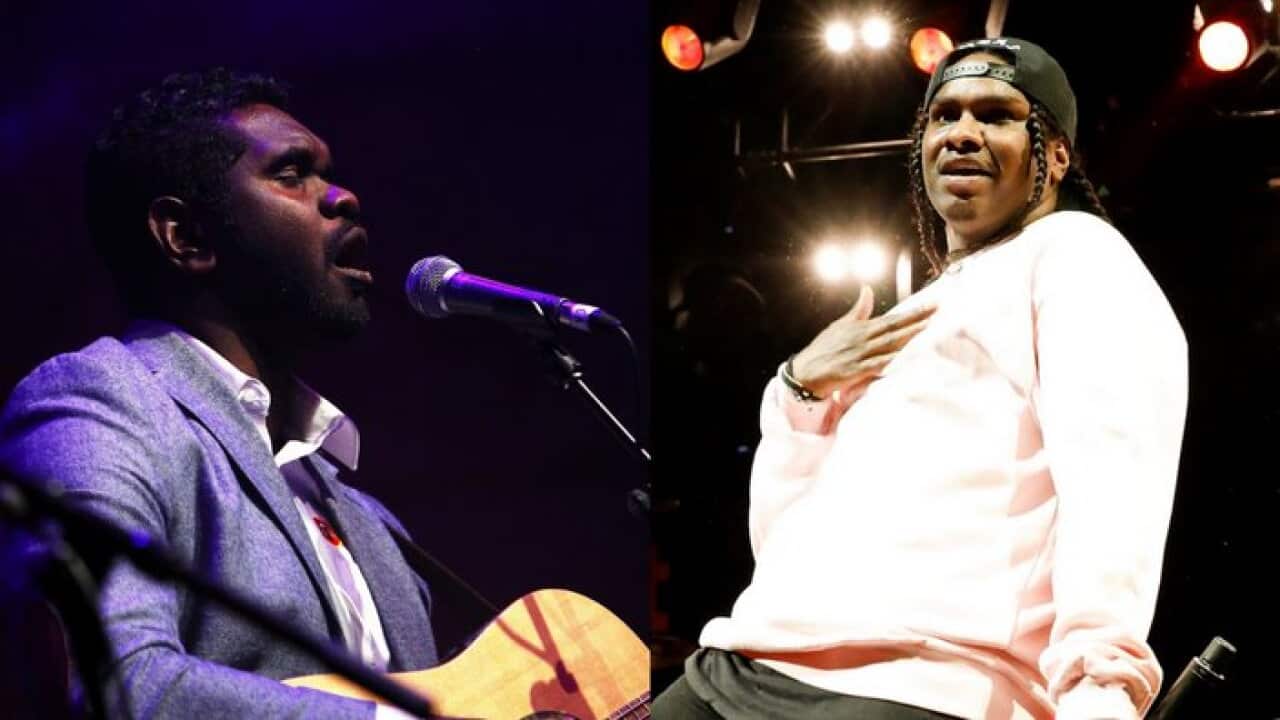 Left: Yirrmal Marika performs at the Australian Americana Music Honours Night at The Thornbury Theatre on October 2, 2017 in Melbourne, Australia. Right: Baker Boy performs during Spotify Presents Front Left Live on October 11, 2018 in Sydney, Australia