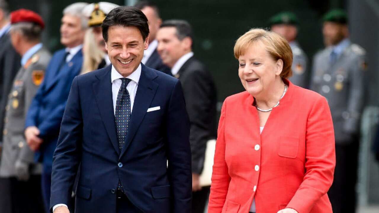 Italian Premier Giuseppe Conte with Chancellor Angela Merkel