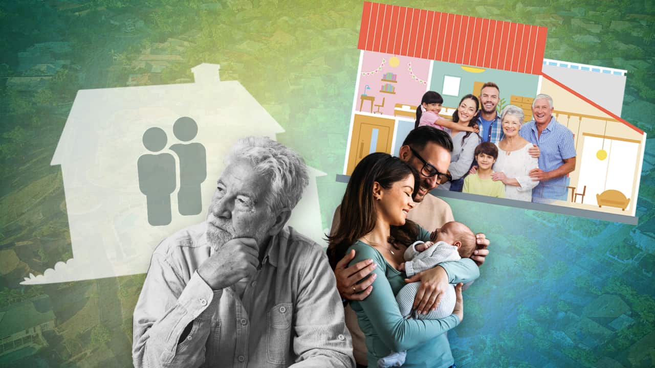 A composite image of drawings of houses and families