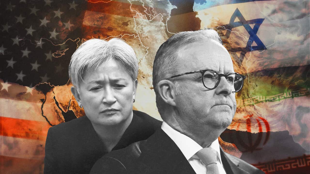 Black-and-white pictures of Anthony Albanese and Penny Wong in the centre, with silhouettes of the US, Israeli, and Iranian flags superimposed on a faint outline of the Middle Eastern map.