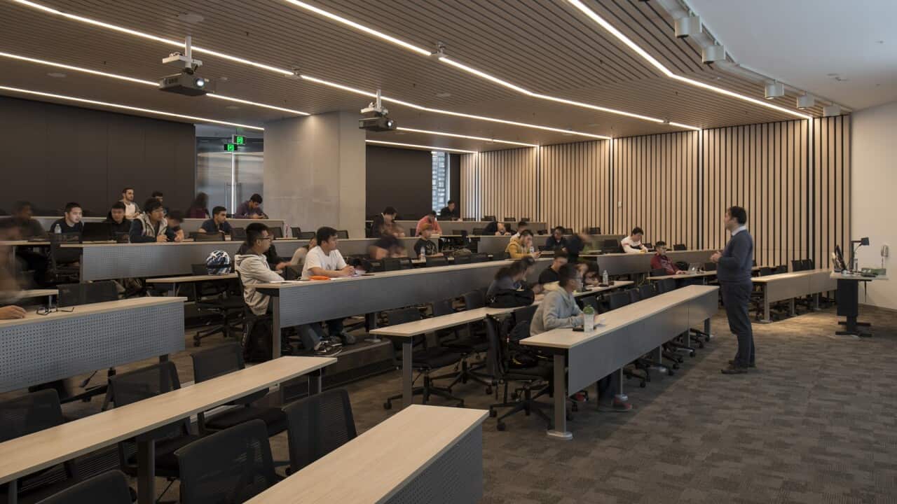 Lecture theatre. Faculty of Engineering + Information Technology, University of Technology Sydney, Sydney, Australia. Architect: Denton Corker Marshall LLP, 2014.