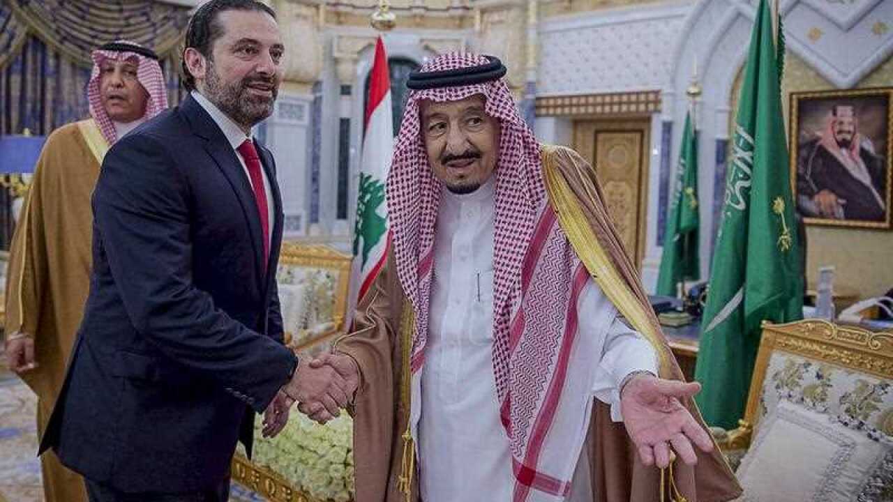 Saudi Arabia's King Salman bin Abdul-Aziz Al Saud welcomes Lebanese Prime Minister Saad al-Hariri in Al-Yamama palace in Riyadh, Saudi Arab.
