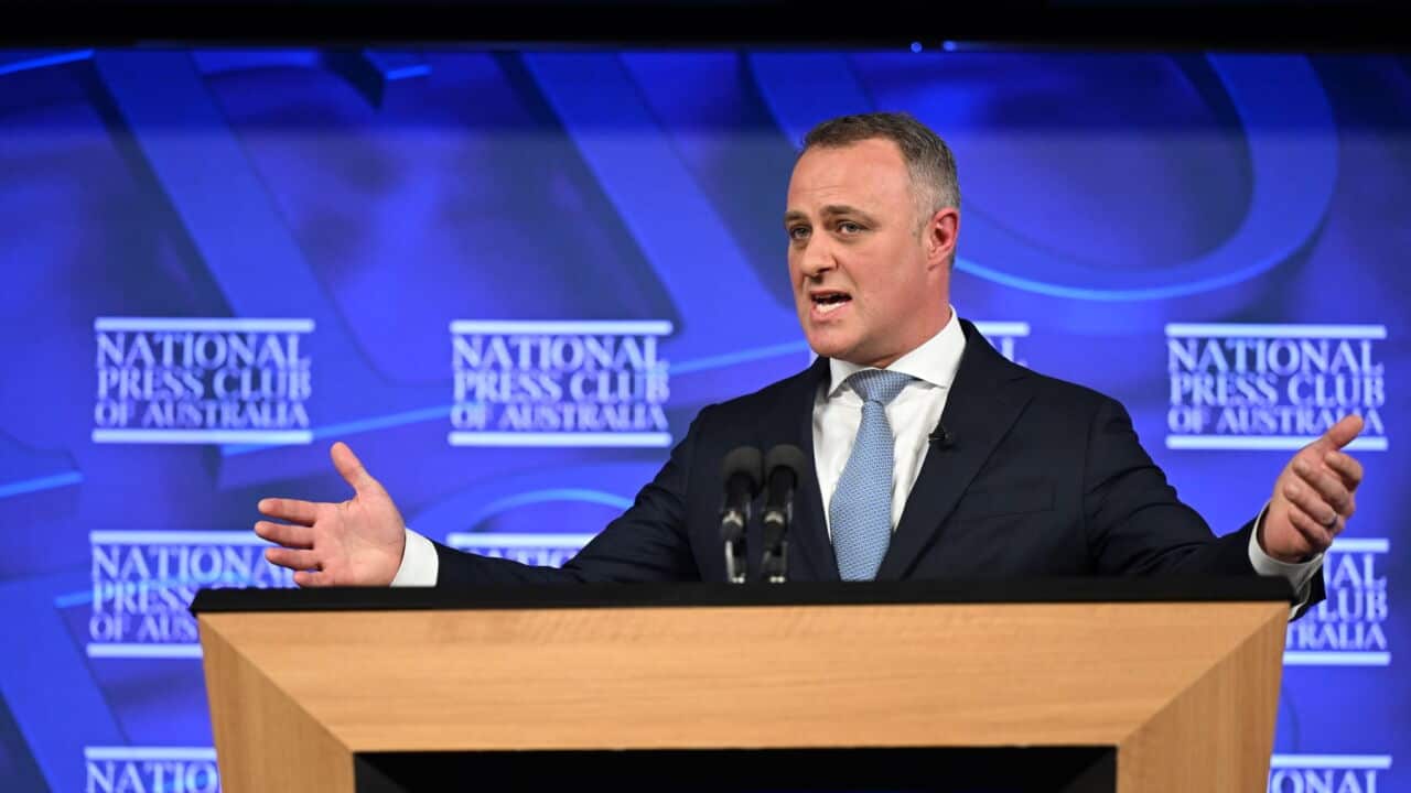 Shadow treasurer Tim Wilson delivering his budget reply speech at the National Press Club in Canberra, Wednesday, May 20, 2026. (AAP Image-Lukas Coch).jpg