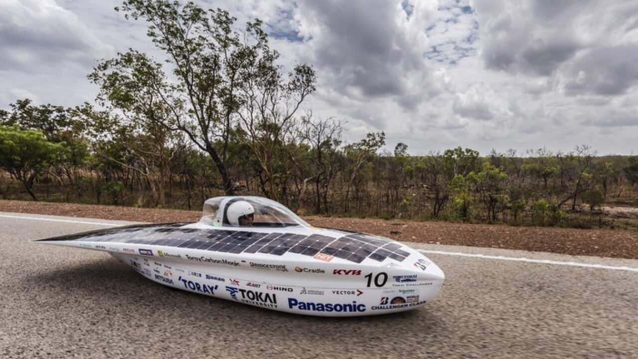 The Tokai University car from Japan competes during the first day of the 2017 World Solar Challenge near Darwin, Australia on Sunday, Oct. 8, 2017. 42 Solar cars from 21 different countries left Darwin today for a 3,000 km race to Adelaide. (AP Photo/Geer