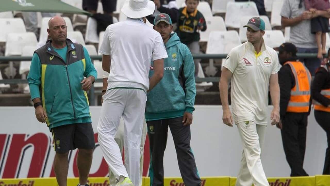 Australia cricket coach Darren Lehmann, left, and Steve Smith, right