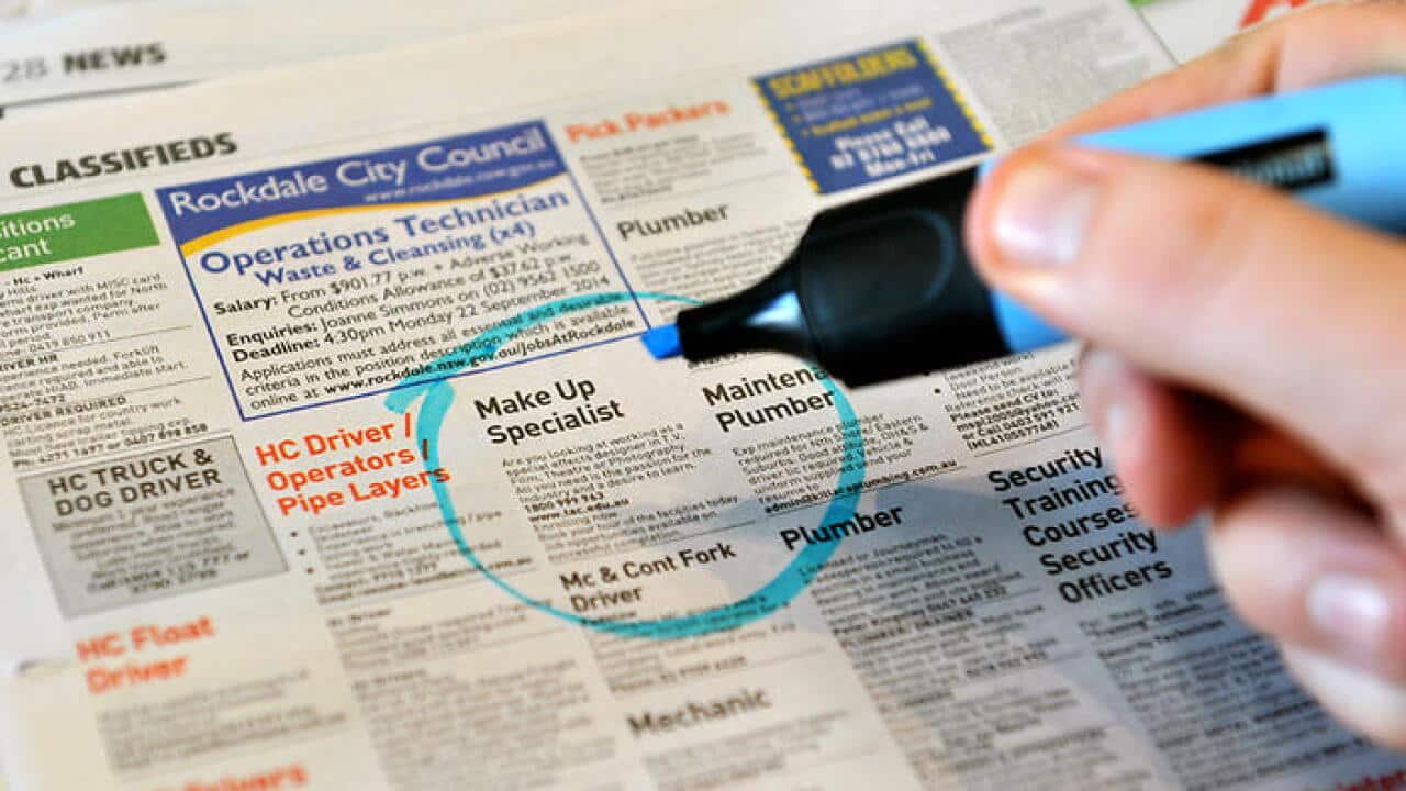 Employment advertising in a newspaper in Sydney. The number of jobs being advertised hit a 17-month high in August, suggesting the labour market is improving despite after a jump in the unemployment rate. (AAP Image/Joel Carrett) NO ARCHIVING