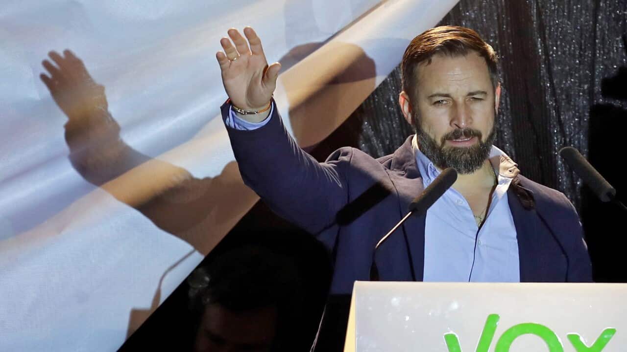 Santiago Abascal, leader of right-wing party Vox, addresses the supporters after the polls closed for the general elections, in Madrid, 28 April 2019.