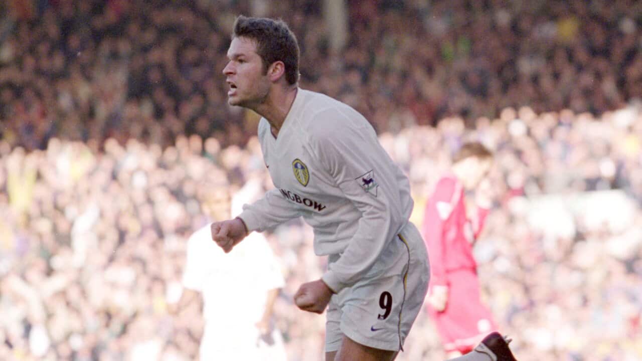 Mark Viduka celebrates a goal for Leeds United against Liverpool in November 2000