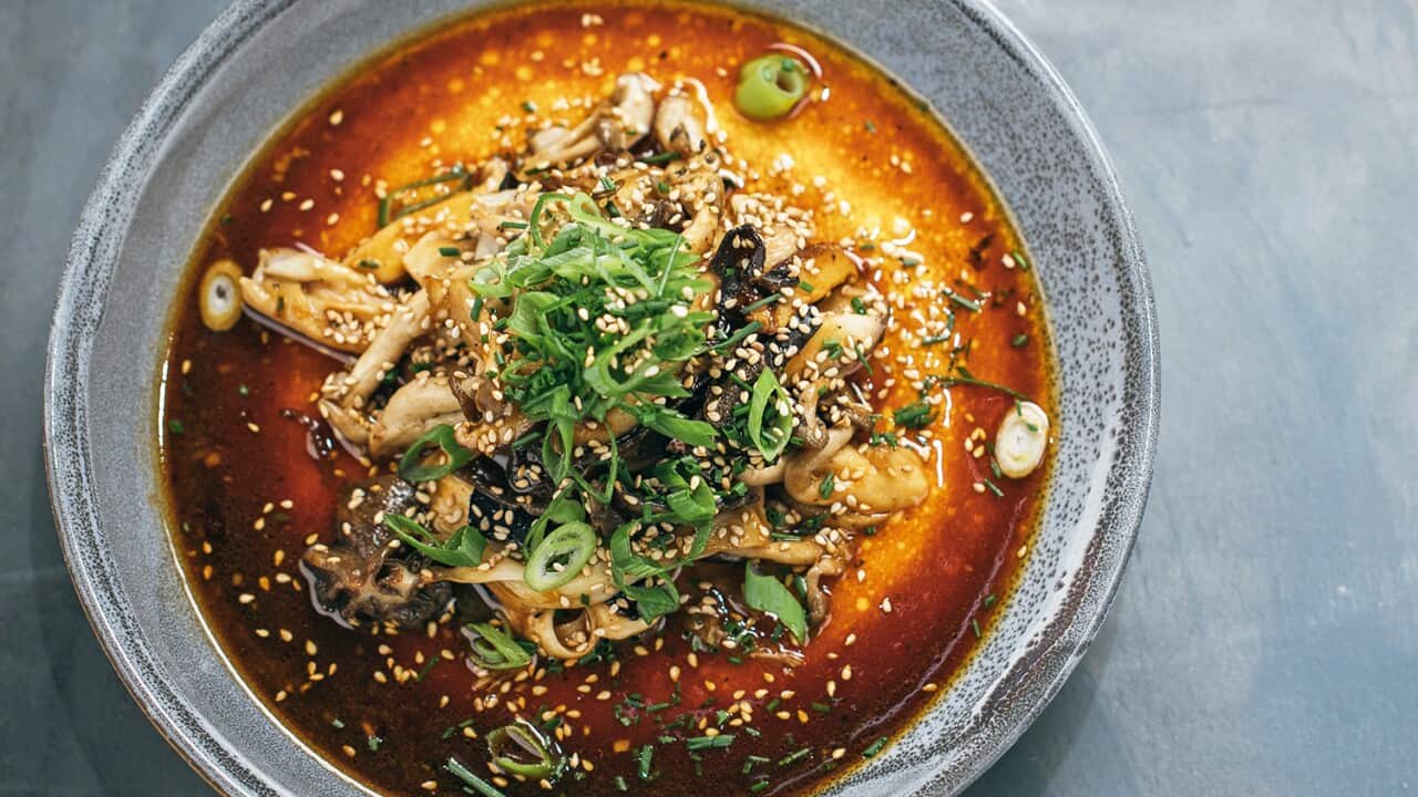 Garlic soy mushrooms on dashi silken egg