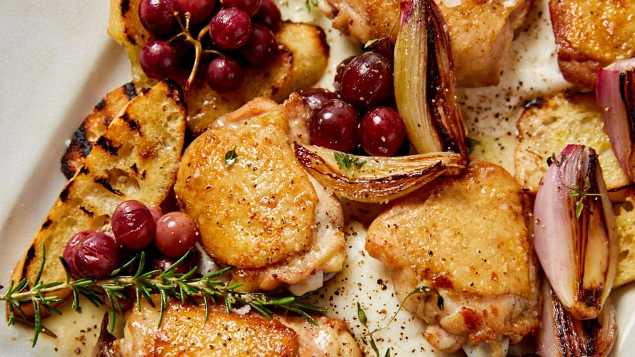Roast chicken and grapes with burrata