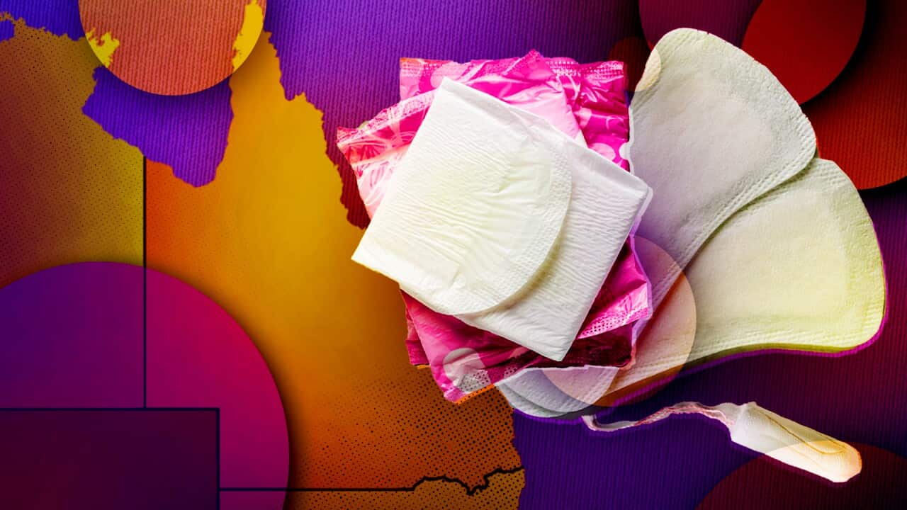 A graphic showing pictures of pads and tampons and a map of Australia