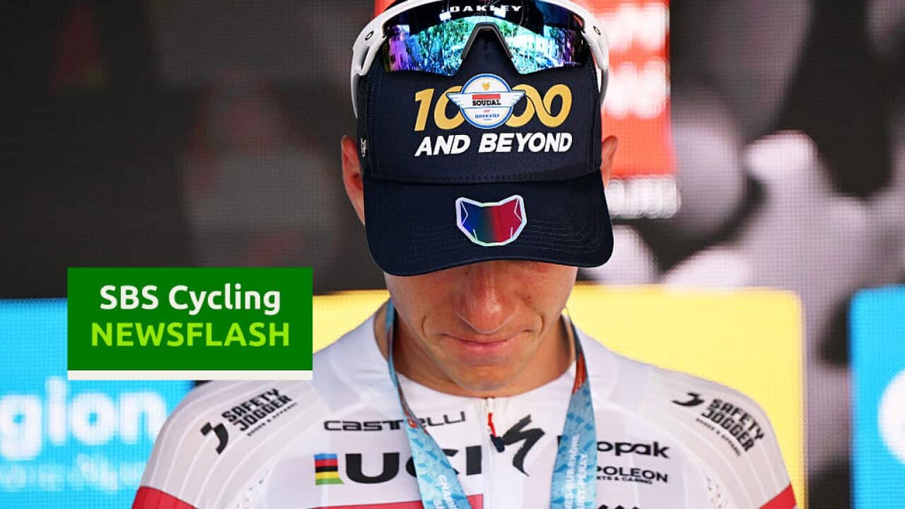 SAINT-PERAY, FRANCE - JUNE 10: Detailed view of Remco Evenepoel of Belgium and Team Soudal Quick-Step celebrates at podium as stage winner during the 77th Criterium du Dauphine 2025, Stage 4 a 17.4km individual time trial stage from Charmes-sur-Rhone to Saint-Peray / #UCIWT / on June 10, 2025 in Saint-Peray, France. (Photo by Dario Belingheri/Getty Images)