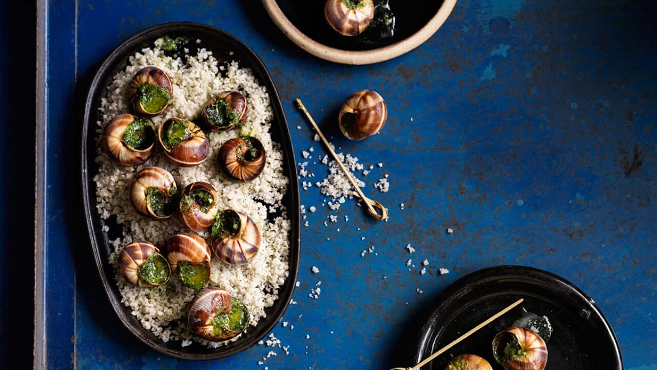 Snails cooked in a coriander and Thai basil butter (escargots au beurre de coriandre et basilic Thaïlandais)