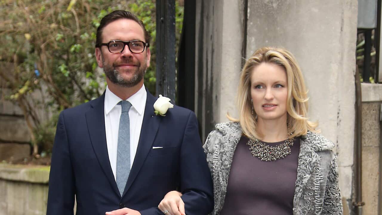 James Murdoch, left, and Kathryn Hufschmid arrive at St Bride's Church for the celebration ceremony of the wedding of Rupert Murdoch and Jerry Hall in London, Saturday, March 5, 2016. (Photo by Joel Ryan/Invision/AP)