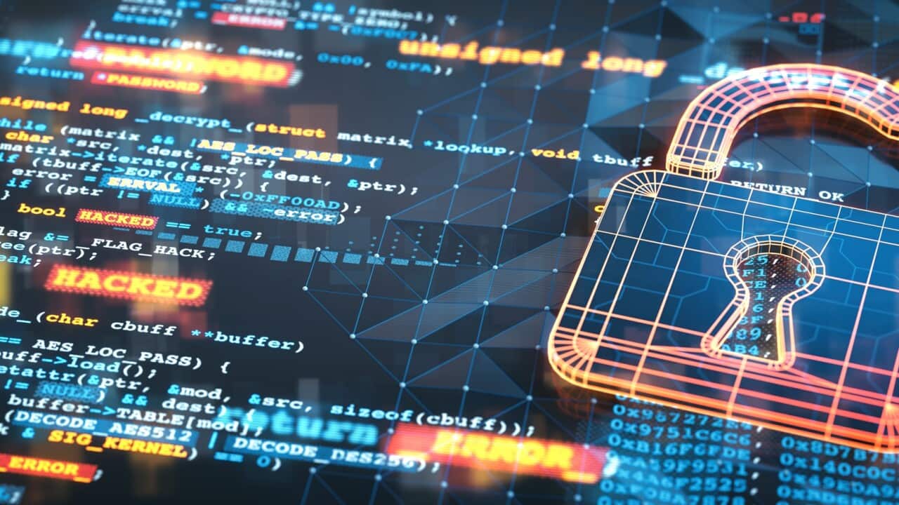 Abstract computer security design concept with programming language code, the word 'hacked' and a 3D glowing wire mesh padlock model. Close-up composition, with glitched graphical effects and colorful warning messages.