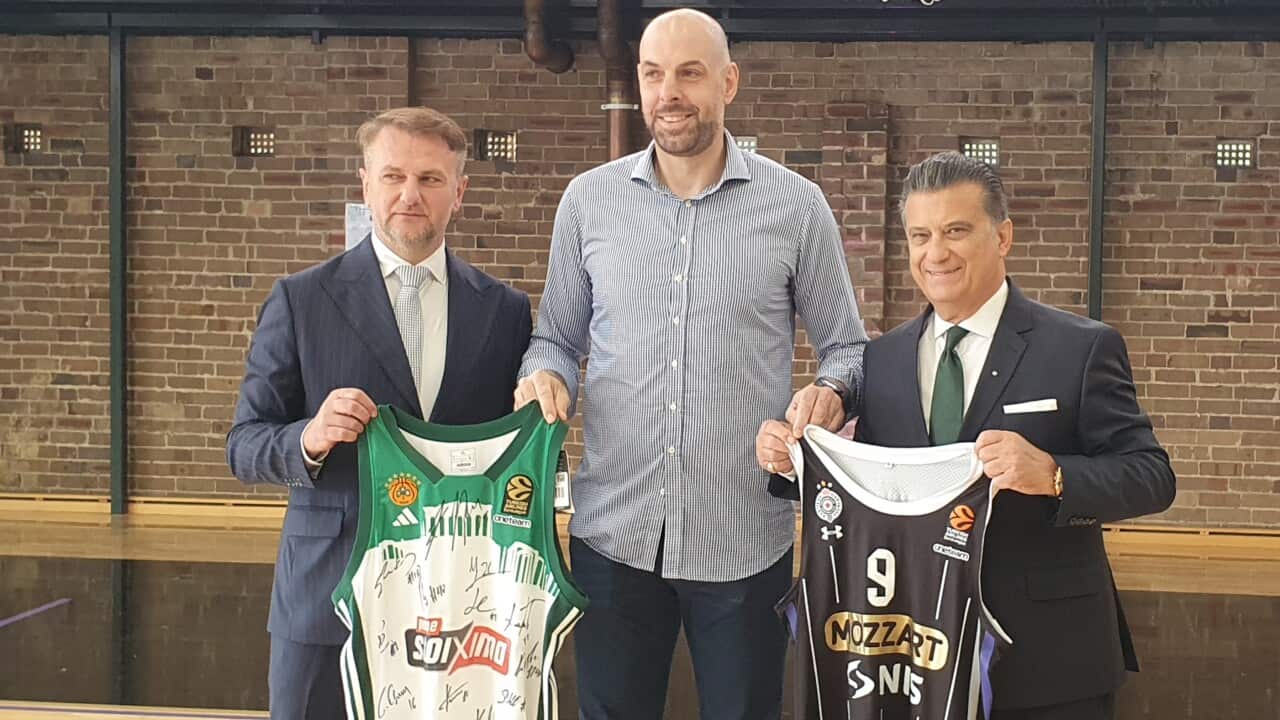 Former basketball star Aleks Maric (middle) poses with Partizan BC and Panathinaikos presidents Ostoja Mijailovic and Vasilis Parthenopulos