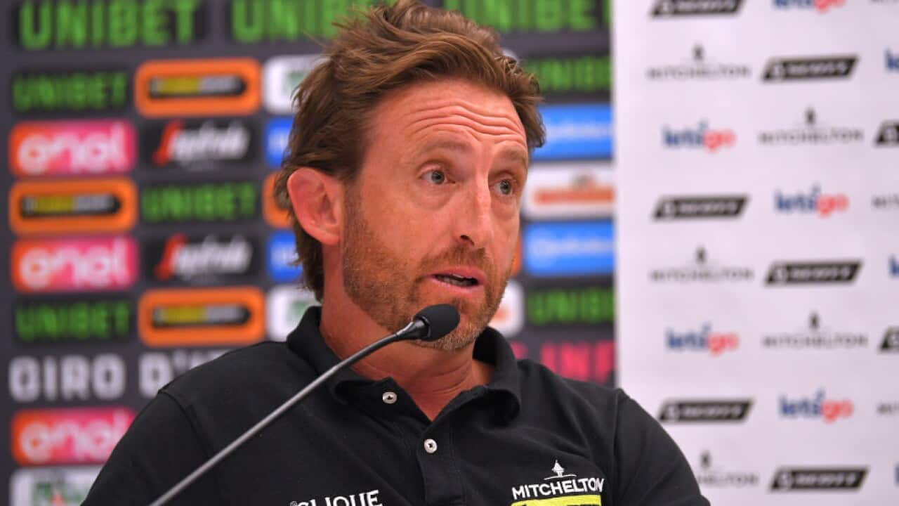 Mitchelton-Scott sports director Matt White addresses the media