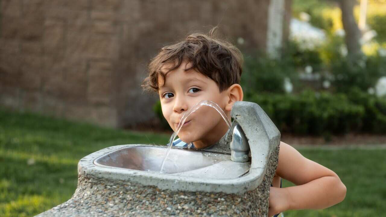 Little Boy At Park Drinking Fountain/getty