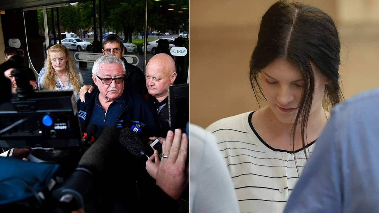 Brittney Dwyer's family, left, outside court where she wa sentenced to 21 years in jail for the death of her grandfather Robert Whitwell.