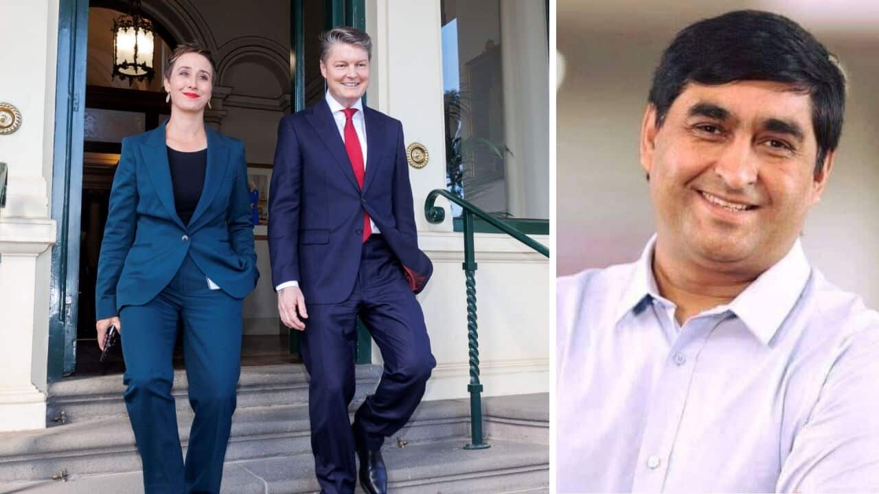 Mahesh Bhandari (R) reacts to the swearing-in of Ben Carroll as Victoria's new Premier and Transport Minister Gabrielle Williams as Deputy Premier. Credit: (AAP Image/Pool, David Geraghty (L), Supplied (R)