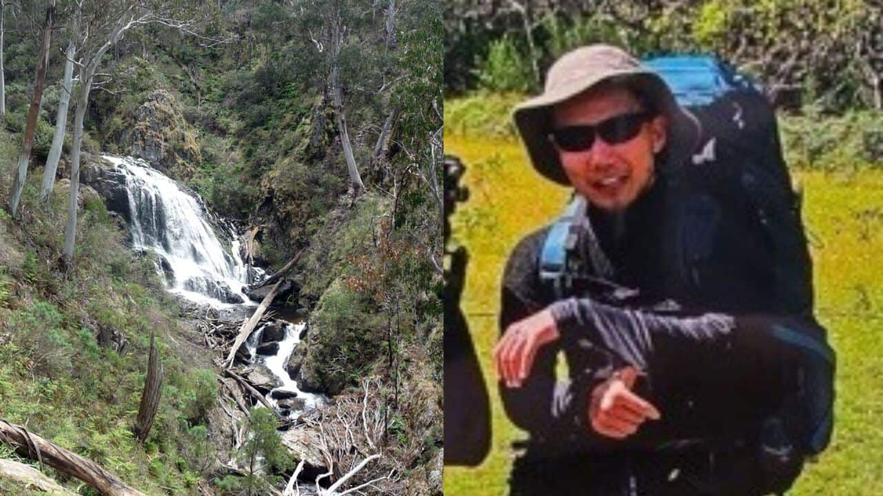 Composite image showing a waterfall on one side and a young man in hiking gear on the other