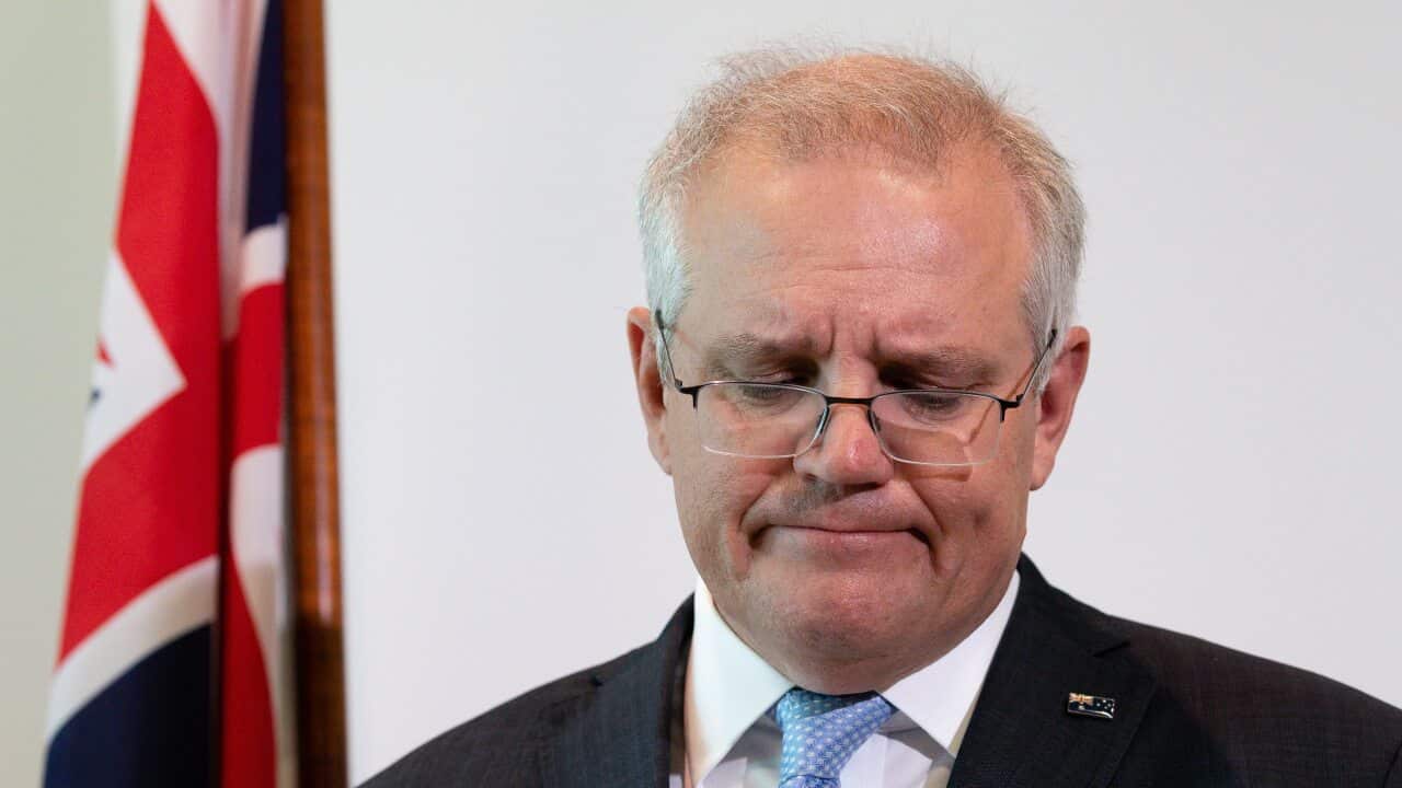 Prime Minister Scott Morrison reacts after reading out the names of 41 ADF personnel who have died in Afghanistan since 2001 during a press conference in Perth, Thursday, April 15, 2021. (AAP Image/Richard Wainwright) NO ARCHIVING