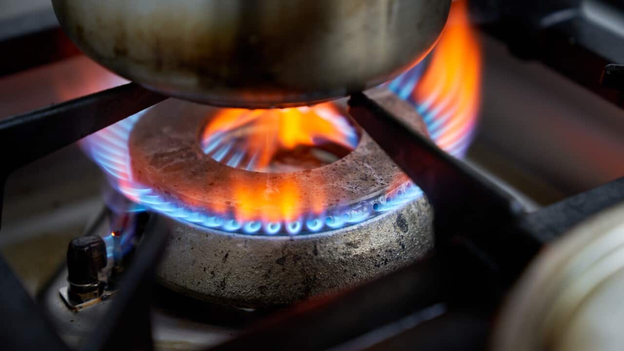 A close-up image of flames from a gas stove heating the bottom of a stainless steel pot.
