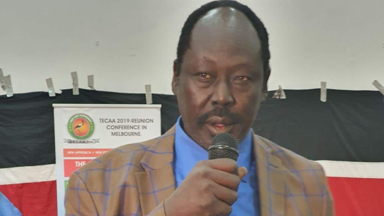 Former Governor of Jonglei State Philip Aguer Panyang addressing the community in Melbourne