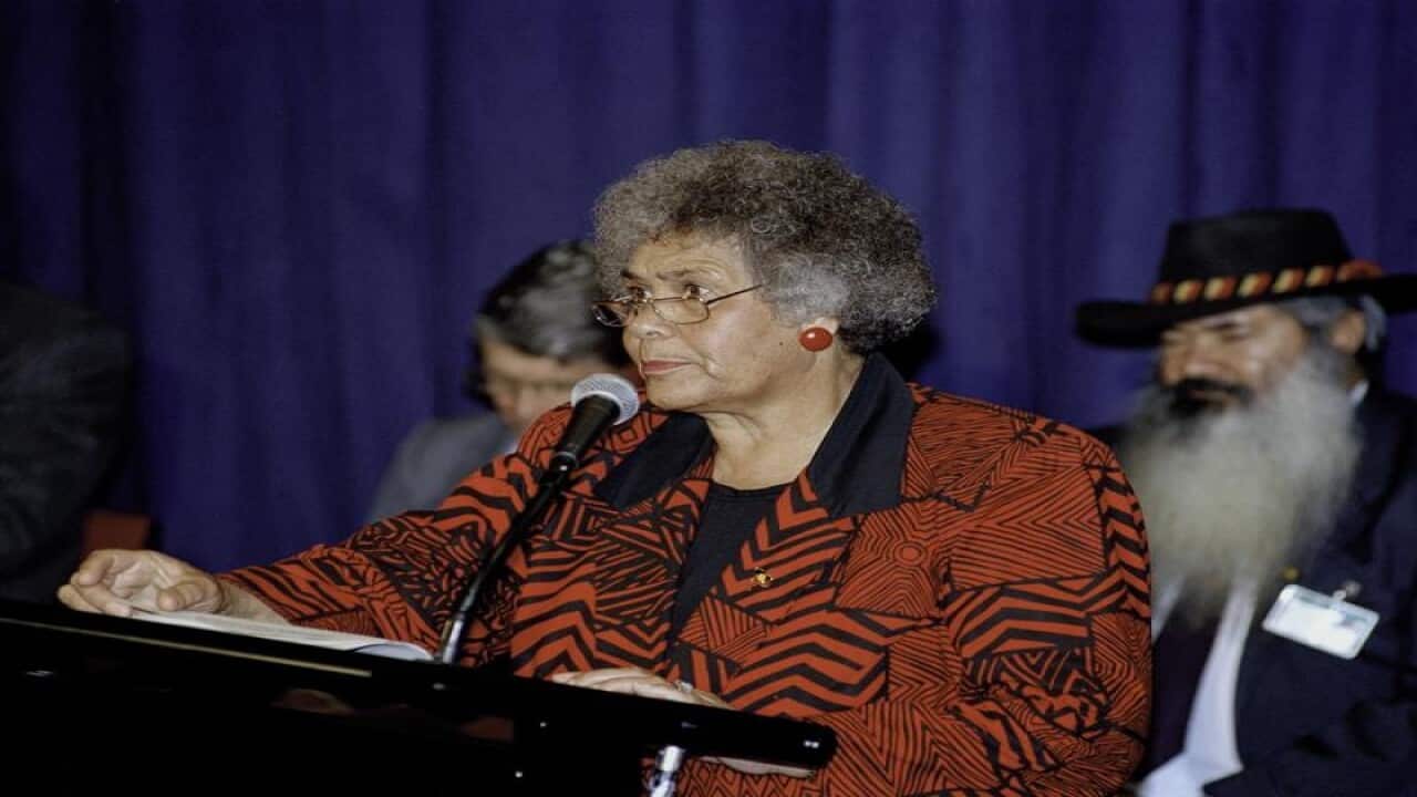 Lowitja (Lois) O'Donoghue at lectern with Pat Dodson behind