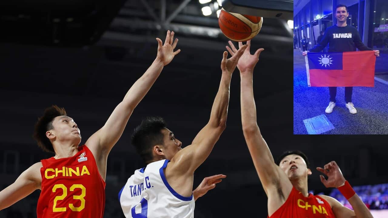 China and Chinese Taipei players playing basketball, with an insert of a man holding a Taiwan flag. Inset: Andrew Farrugia holds the Taiwanese flag as he leaves the venue.