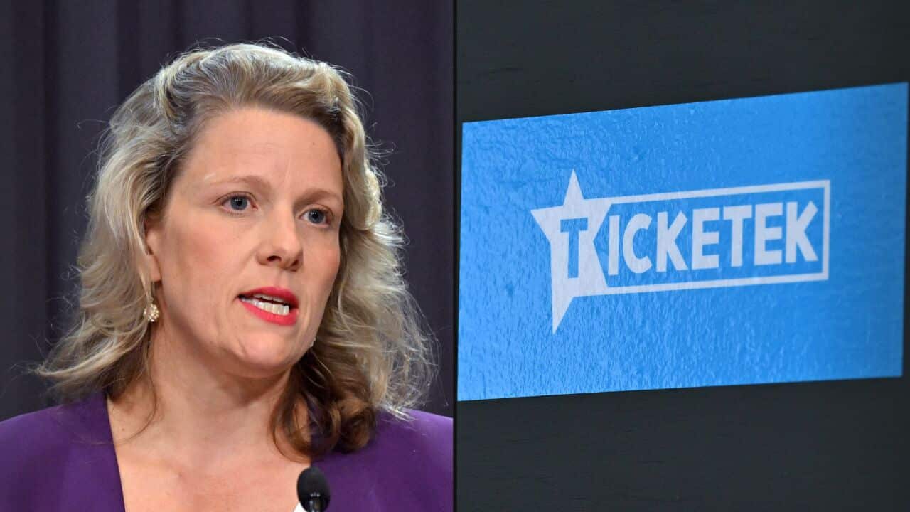 A composite of a woman in a purple suit alongside an image of a brand logo.