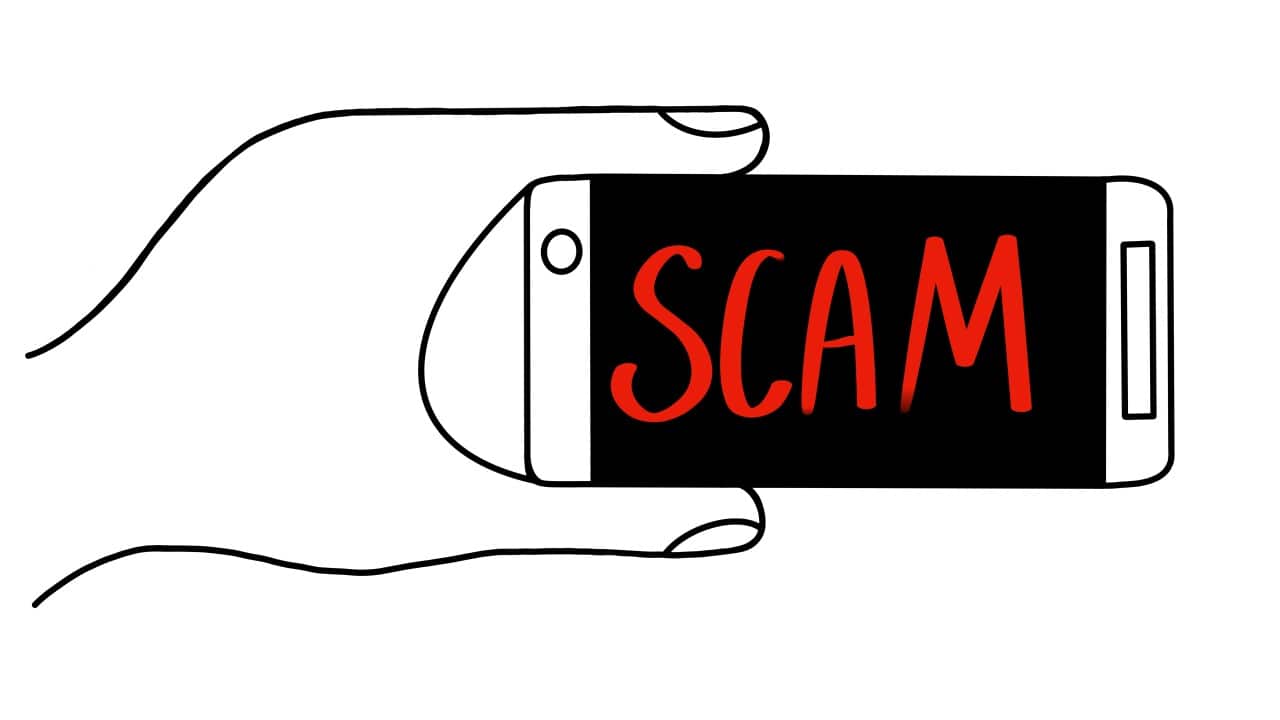 Drawing a hand holding a smartphone with word SCAM