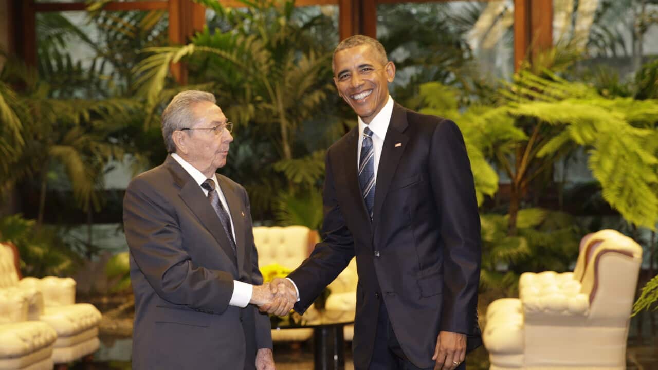 Cuban President Raul Castro, left, with US President Barack Obama in Revolution Palace, Havana.