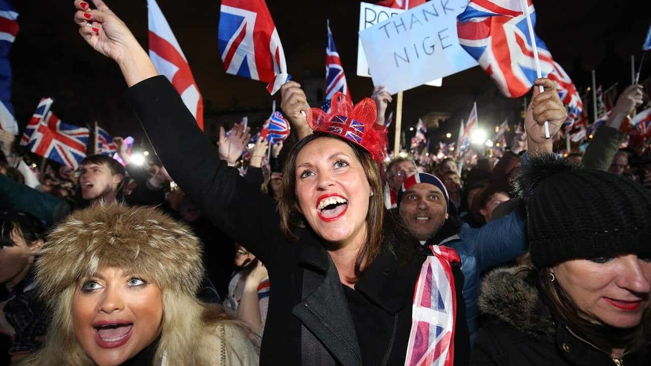 Pro-Brexit supporters in Parliament Square, London.
