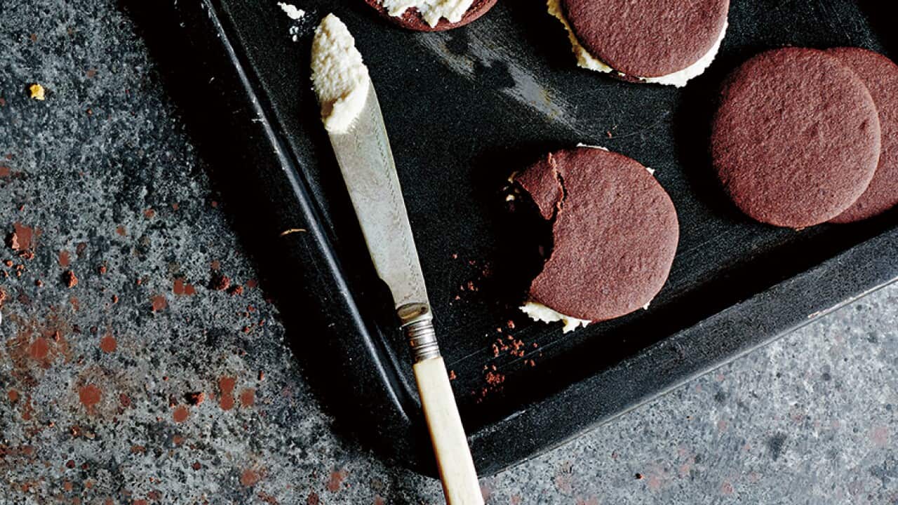 Chocolate shortbread sandwich biscuits with banana cashew cream