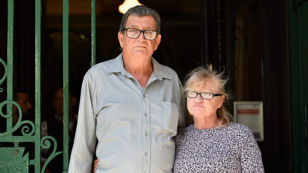 Peter Russell (left) and Donna Hannah, brother and sister-in-law of John Russell, after attending the Special Commission of Inquiry into LGBTIQ hate crimes (AAP)