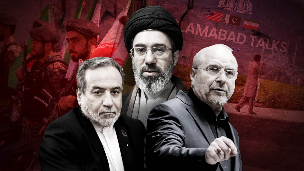 Stylised composite of three men in the foreground, set against a red-toned background featuring armed fighters, flags, and imagery referencing international diplomatic talks.