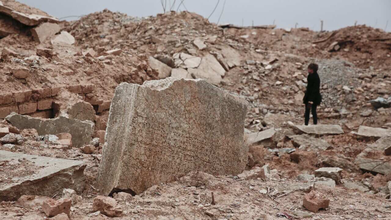A stone tablet with cuneiform writing wreaked by the ISIS group at the ancient site of Nimrud, Iraq.