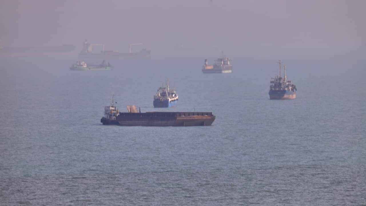 A large number of ships float in a large body of water.