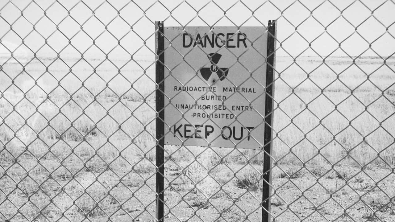 A 1952 file photo of a radioactive warning sign Maralinga village in South Australia in 1952.