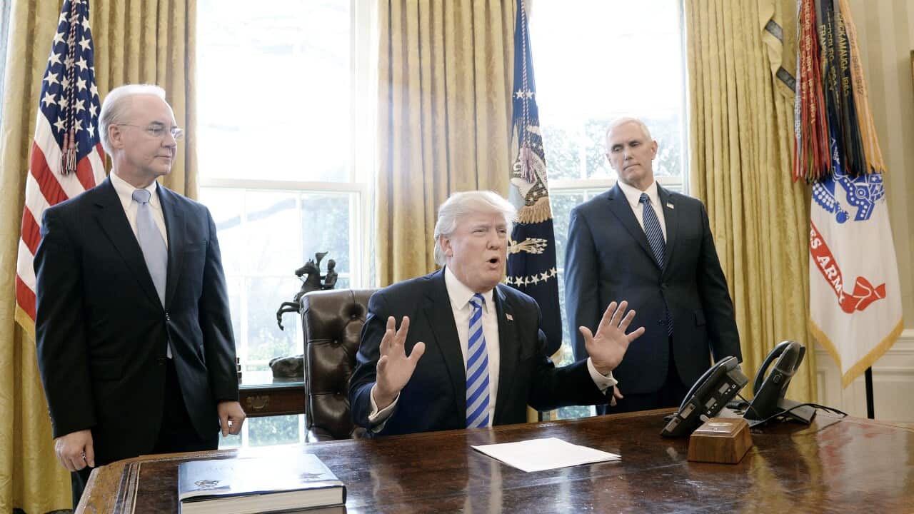 U.S. President Donald Trump reacts after Republicans abruptly pulled their health care bill from the House floor on Friday in the Oval Office of the White House on March 24, 2017 in Washington, DC. Photo by Olivier Douliery/ Abaca.