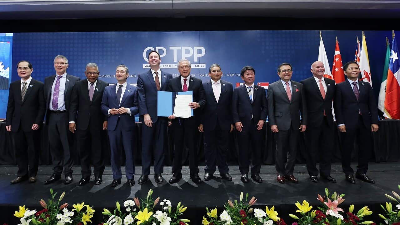 Ministers pose during the signing of the the Trans-Pacific Partnership in Santiago, Chile, 08 March 2018.