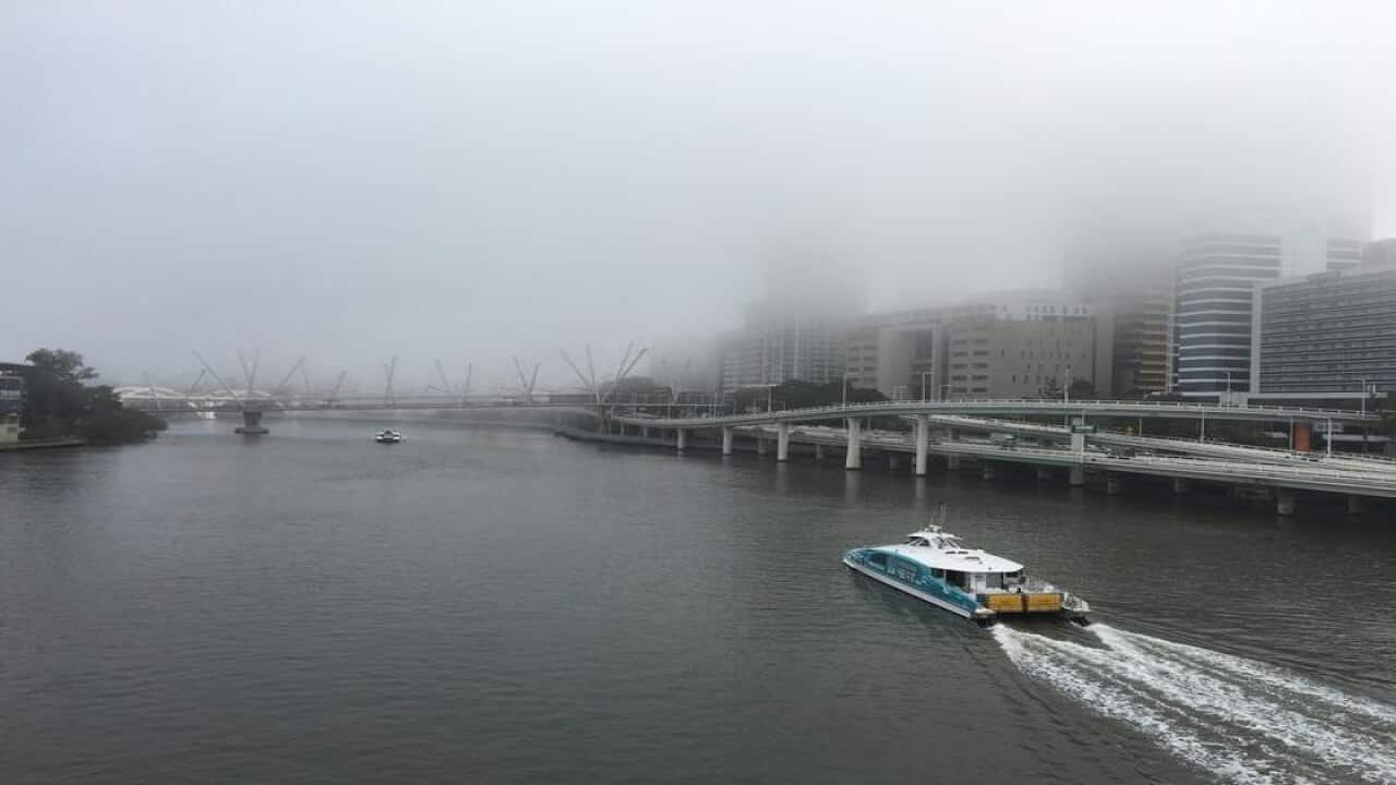 Commuters on Victoria Bridge are seen shrouded in fog.