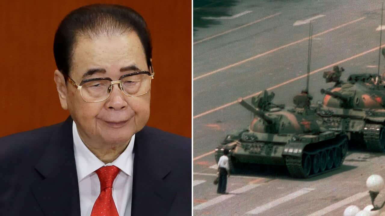 Split screen of Li Peng and iconic image of Tiananmen Square