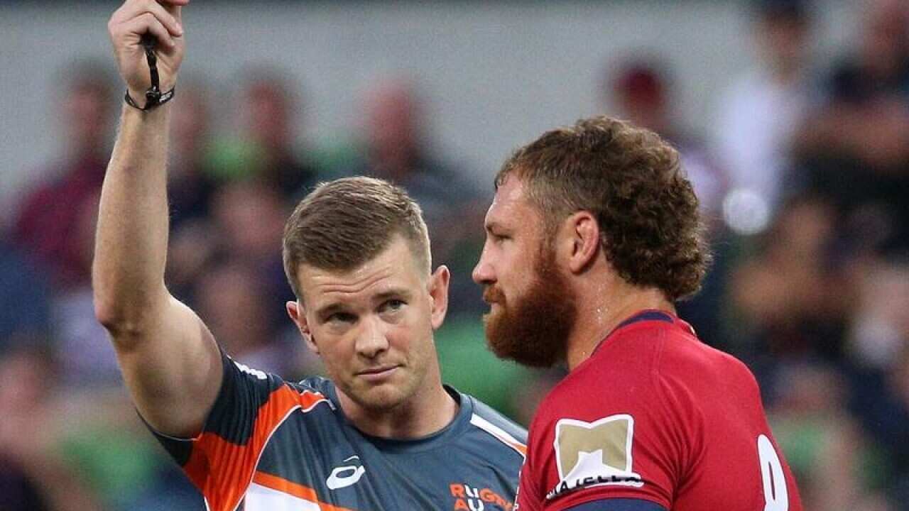 Queensland Reds captain Scott Higginbotham (R) is given a red card