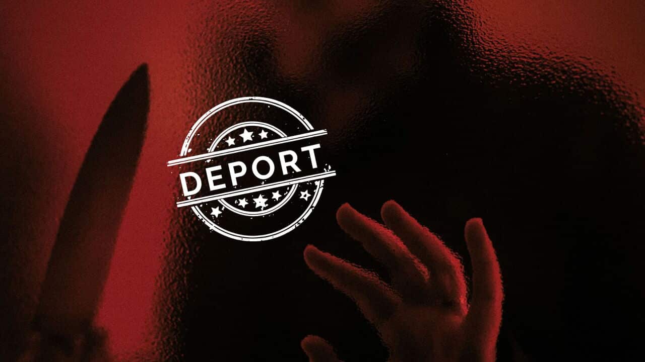 A shadowy figure and raised hand are seen behind frosted red glass, with a large knife silhouette on the left and a "DEPORT" stamp overlaid in the center.