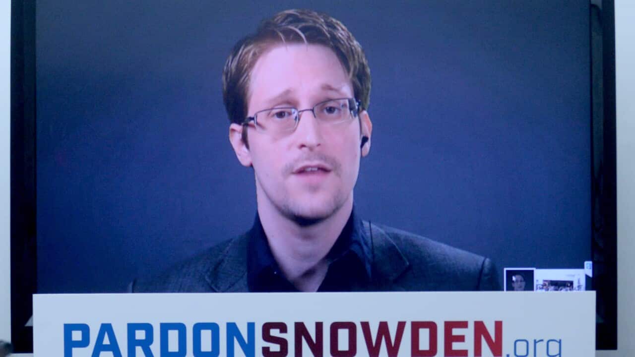 Edward Snowden speaks at the launch of a campaign calling on President Obama to pardon him in New York City on September 14, 2016.