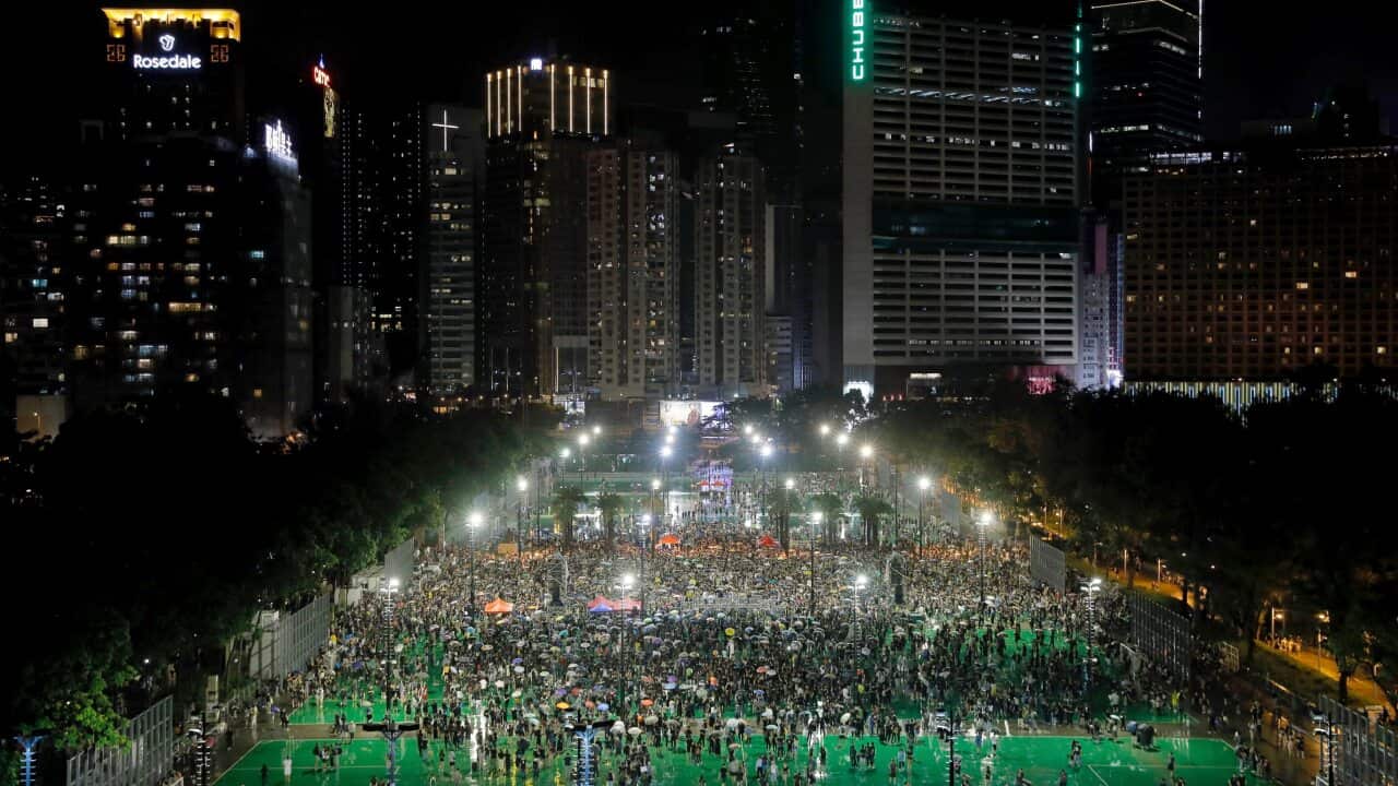 Protesters attend a rally at Victoria Park in Hong Kong, Sunday, Aug. 18, 2019.
