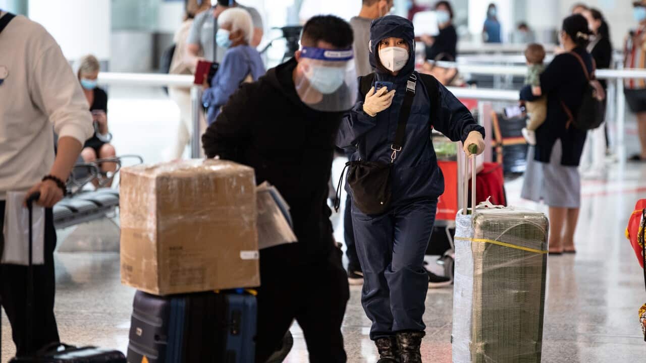 People wearing PPE arriving at Sydney International Airport in Sydney.