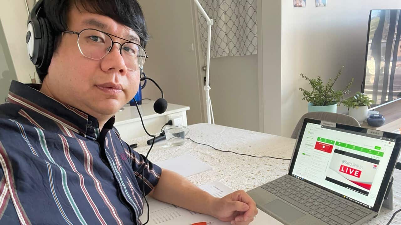 Nelson Lo is one of two simultaneous interpreters doing live interpreting of NSW COVID daily briefing for SBS Cantonese program